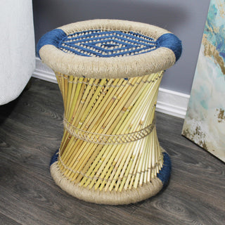 Natural Geo Moray Decorative Handwoven Jute Accent Stool, Blue Diamond