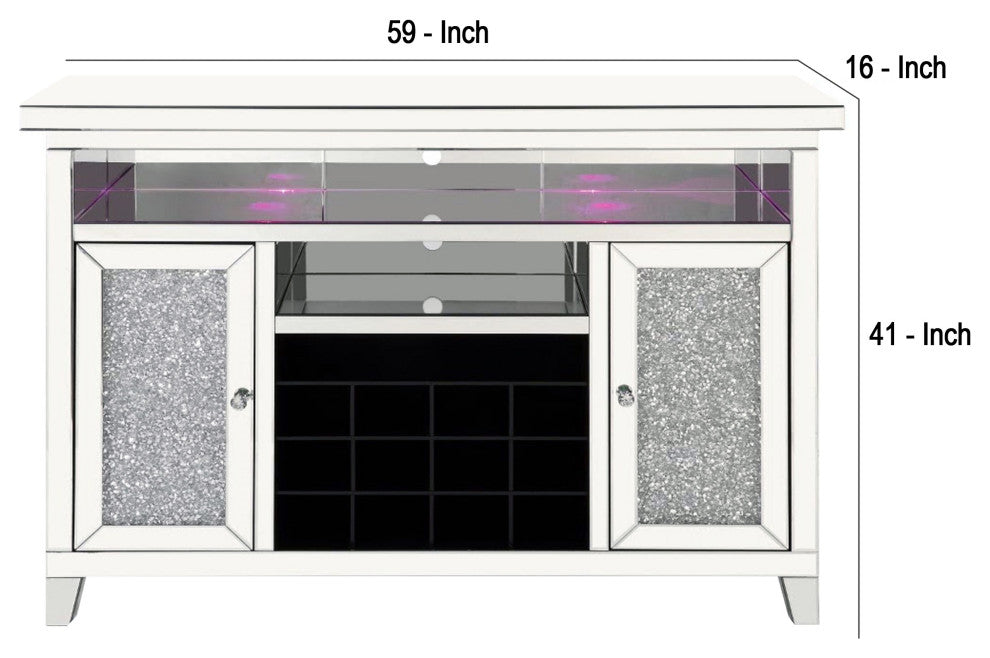 Benzara BM269546 Mirrored Wine Cabinet With 2 Doors and LED Lights, Silver