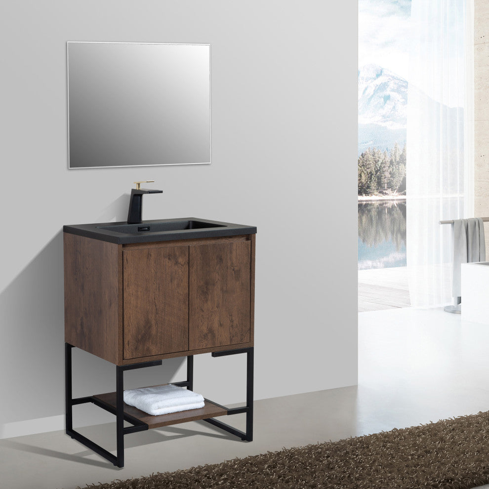 Freestanding Bath Vanity Set, Rose Wood, Integrated Solid Surface Sink, 24"