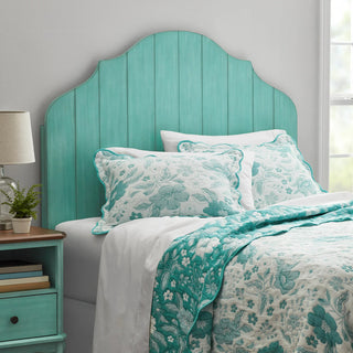 Solid Wood Queen Headboard, Grooved Rubberwood, Curved Top, Teal