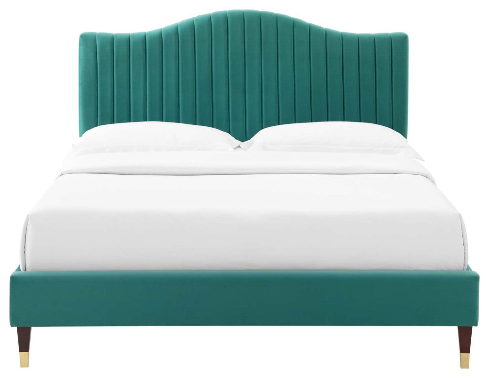 Tufted Platform Bed Frame, Full Size, Velvet, Teal Blue, Modern Contemporary