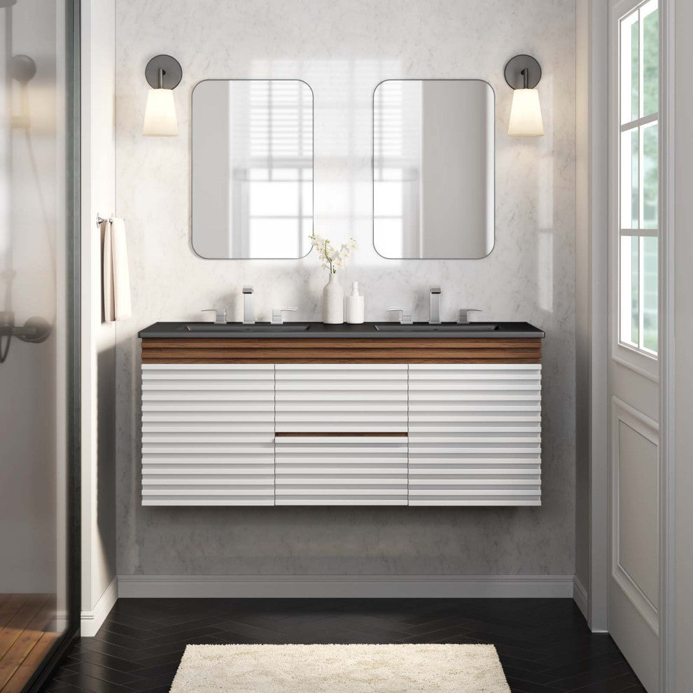Render 48" Wall-Mount Bathroom Vanity, White Walnut Black
