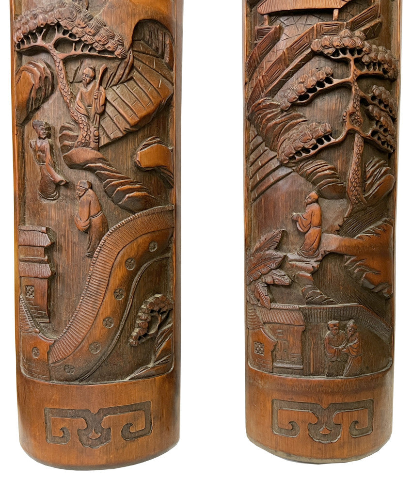 Pair Hand Carved Chinese Bamboo Calligraphy Landscape Panel Hws3048