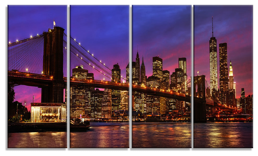 Brooklyn Bridge and Manhattan at Sunset, Pink, Canvas Print, 48"x28", 4 Panels