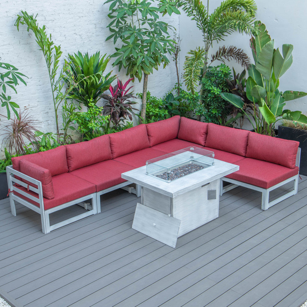 LeisureMod Chelsea 7-Piece Gray Patio Sectional With Fire Pit Table, Red