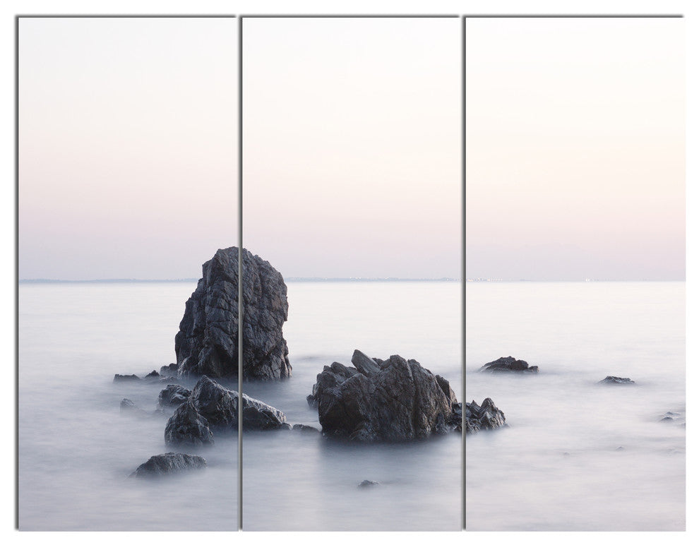 Rocks in the Sea Black and White, Seashore Triptych Canvas Art, 36x28, 3 Panels