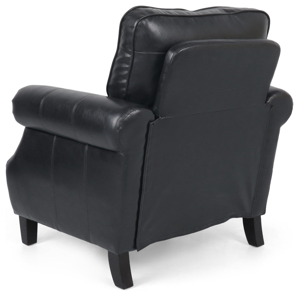 Burkehaven Contemporary Faux Leather Club Chair With Nailhead Trim, Midnight Black/Dark Brown