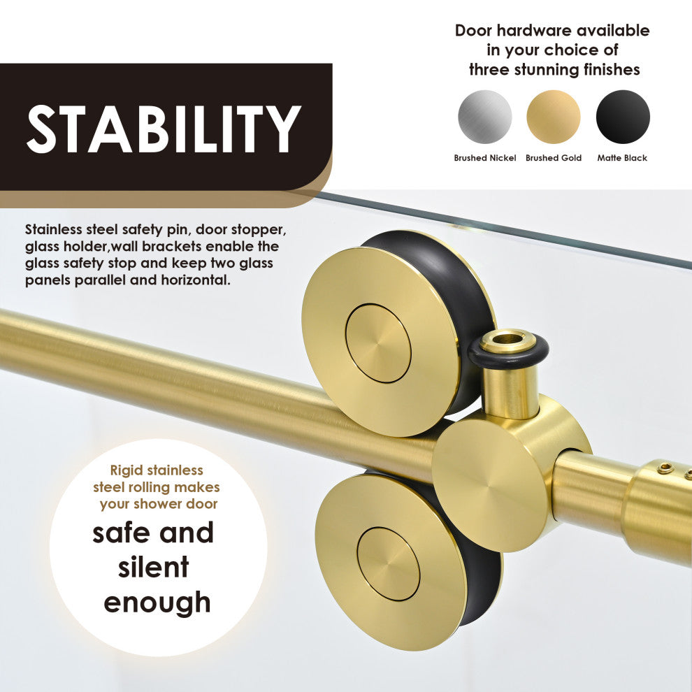 Lazaro Single Sliding Frameless Shower Door, Clear, Brushed Gold, 68"wx78"h
