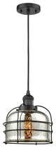 Large Bell 1-Light LED Cage Pendant, Matte Black, Glass: Silver Mercury