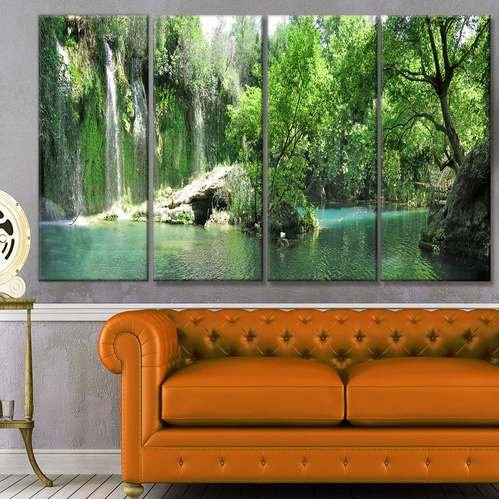 Waterfall Cascade in Deep Forest, Landscape Canvas Art Print, 48"x28", 4 Panels