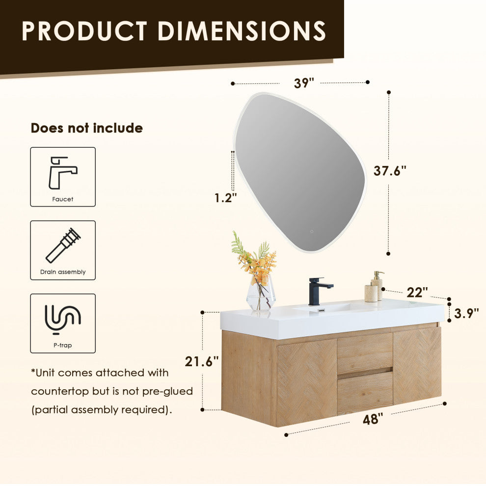 Siena Wall-mounted Single Bath Vanity, Light Brown, 48inch, With Mirror