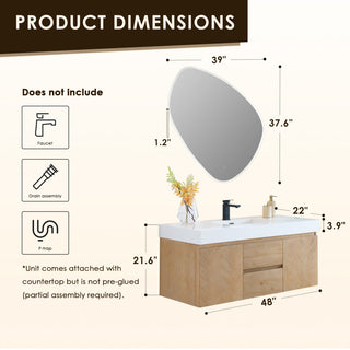 Siena Wall-mounted Single Bath Vanity, Light Brown, 48inch, With Mirror