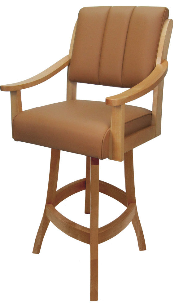 Leather Swivel Wood Bar Stool Casa on S-Base, Brown Leather on Honey, 26"