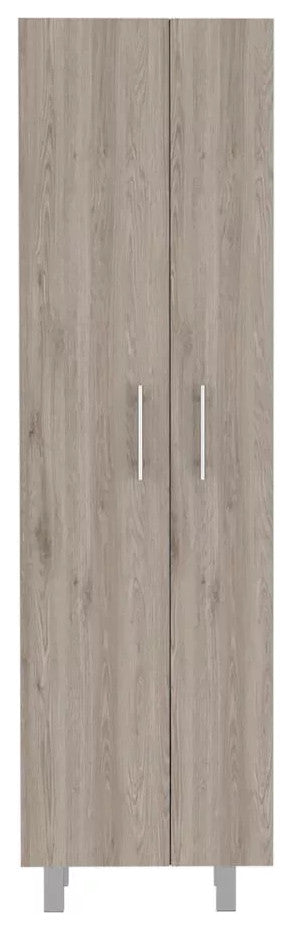 Tall Pantry Cabinet, 2 Doors With Silver Knobs & Inner Shelves, Light Grey/White
