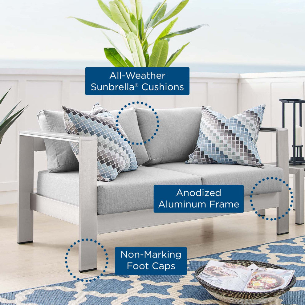 Lounge Loveseat Sofa, Sunbrella, Fabric, Aluminum, Silver Gray, Outdoor