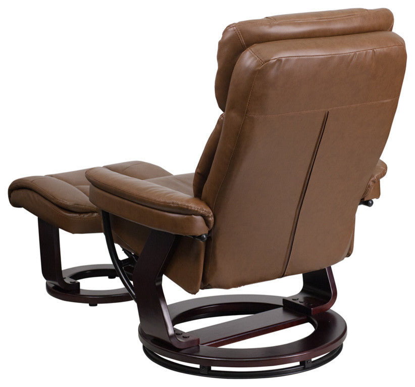 Palimino Leather Recliner and Ottoman With Swiveling Mahogany Wood Base