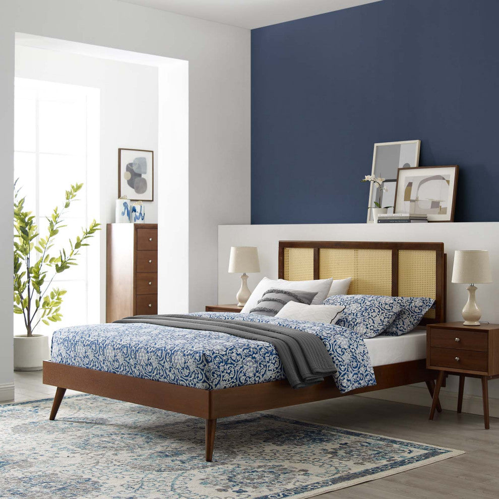 Platform Bed Frame, Full Size, Wood, Brown Walnut, Modern Mid-Century, Bedroom