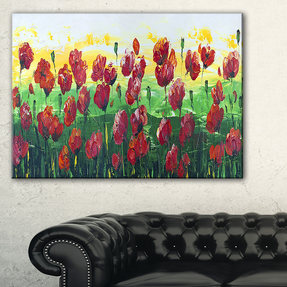 "Wild Red Poppies Field Panorama" Modern Landscape Wall Art Canvas, 40"x20"