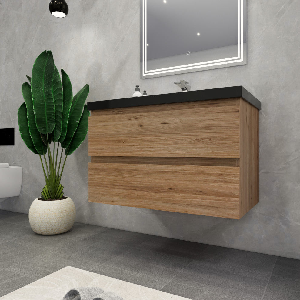 Belli 36" Wall Mounted Single Bathroom Vanity Set, Natural Oak, Matt Black Top