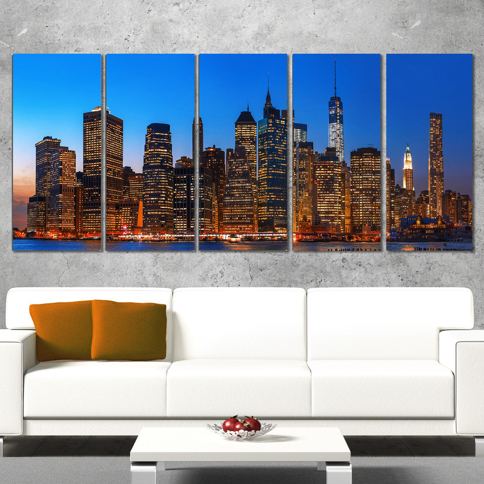 Night New York City Panorama, Extra Large Canvas Print, 60"x28", 5 Panels