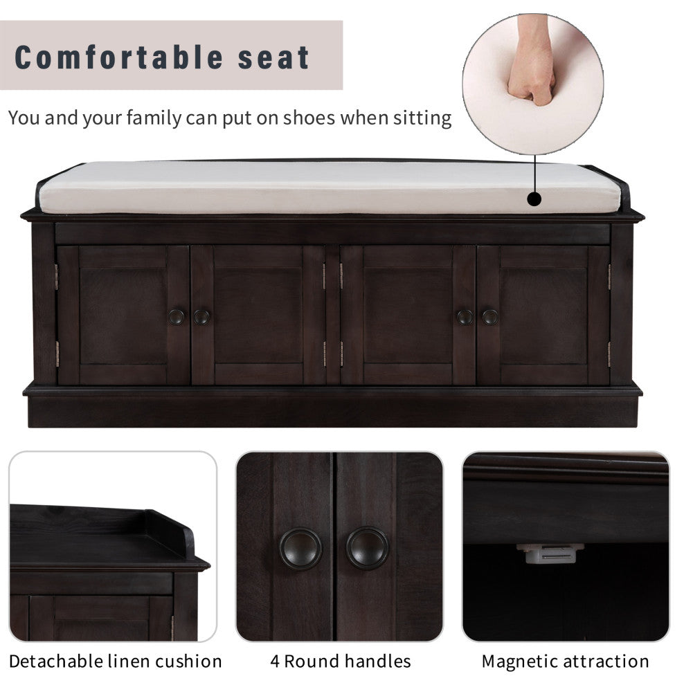 TATEUS 42" Wooden Storage Bench With 4 Doors and Adjustable Shelves for Entryway, Espresso