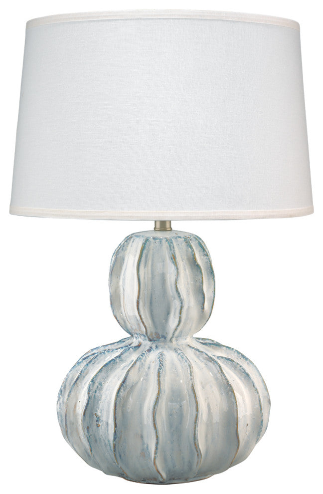Oceane Gourd Table Lamp, White Ceramic With Custom Cone Shade, White Linen
