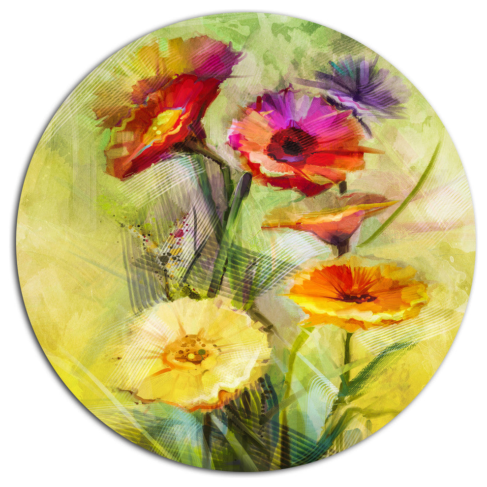 Bouquet Of Gerbera Flowers Watercolor, Floral Round Metal Wall Art, 11"