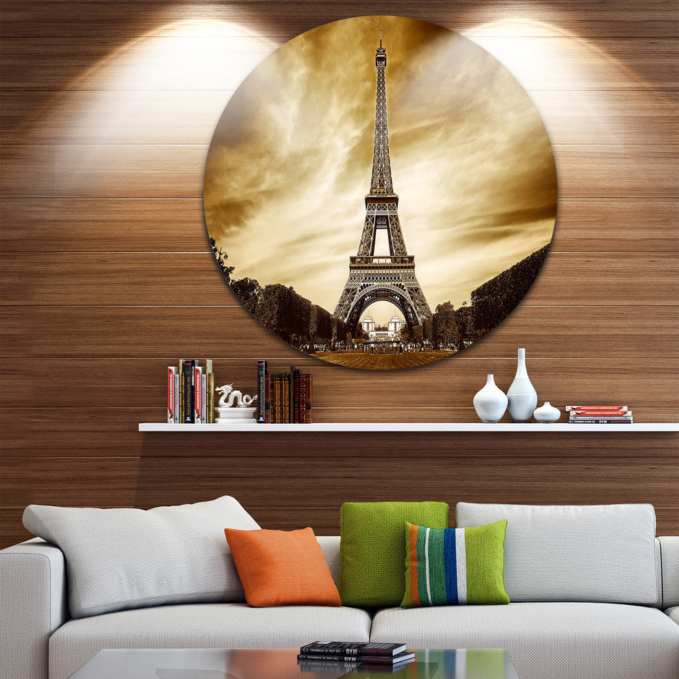 Eiffel Tower In Grey Shade, Landscape Photo Disc Metal Wall Art, 36"