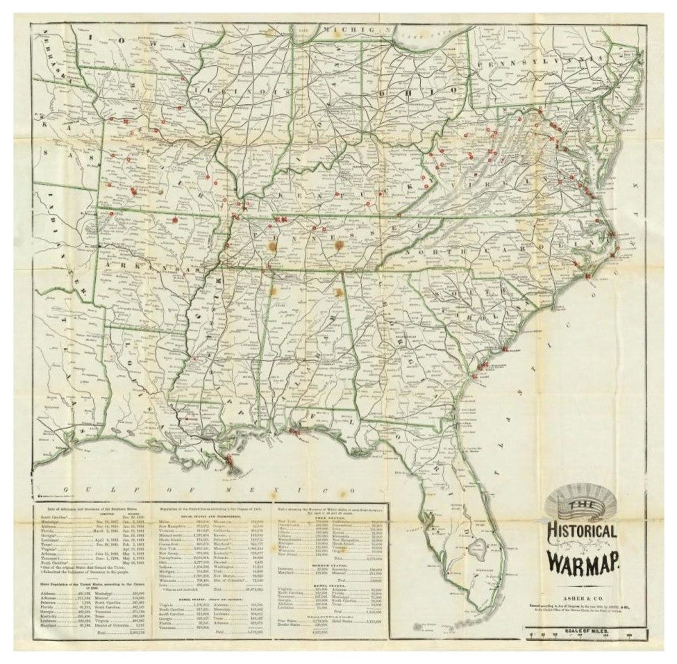 "The United States Historical War Map, 1862" Print by Asher and Company, 32"x31"