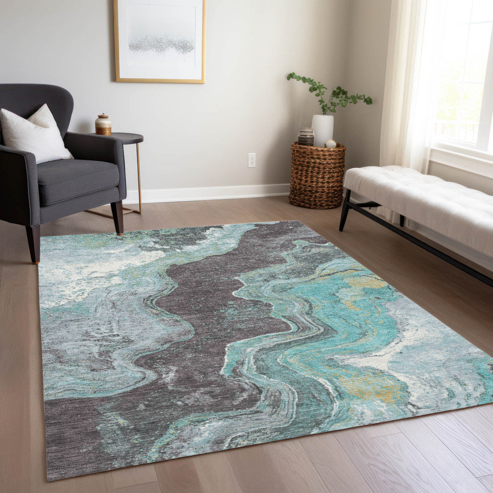 Machine Washable Indoor/Outdoor Chantille ACN1907 Teal 9' x 12' Rug