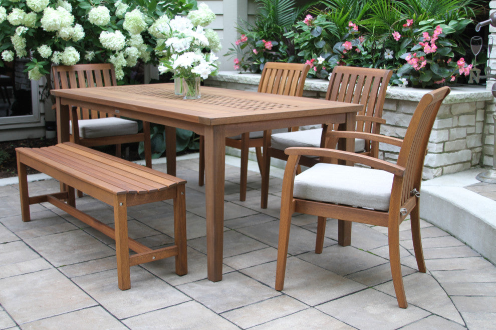 7 Person Checkerboard Dining Table With Eucalyptus Stacking Chairs
