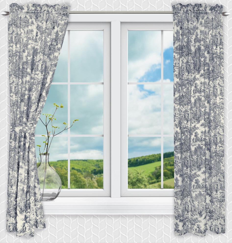 Victoria Park Toile Panel Pair Curtains With Tiebacks, Blue, 68"x63"