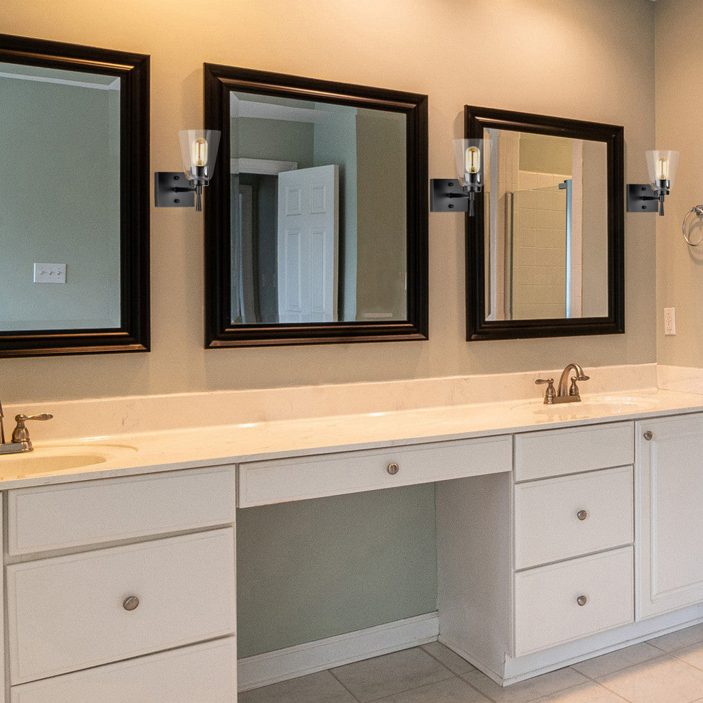 1-Light Matte Black Indoor Wall Sconce With Clear Cone Glass Shade