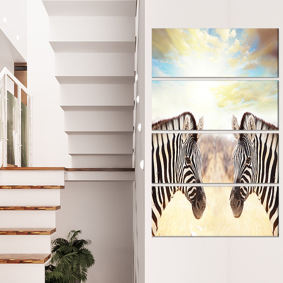 Zebras Face To Face At Sunset, African Canvas Art Print, 28"x48", 4 Panels