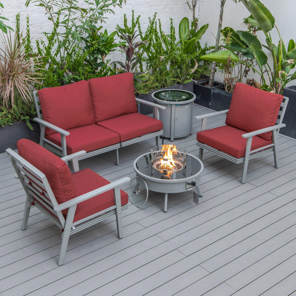 LeisureMod Walbrooke Grey Patio Sofa Set With Round Fire Pit Table, Red