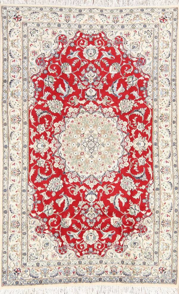 Nain Oriental Traditional Hand-Knotted Persian Area Rug, Red, 8'1"x5'1