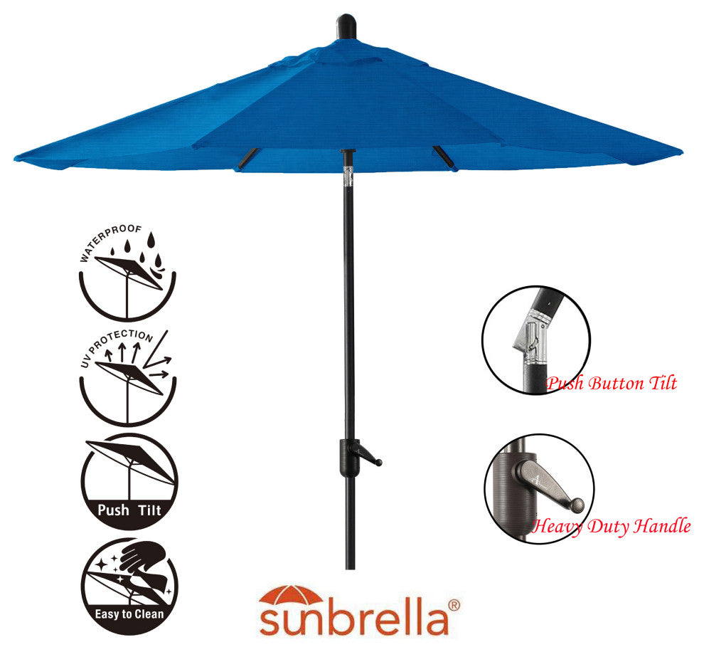 9' Round Push Tilt Market Umbrella, Black Frame, Sunbrella, Pacific Blue