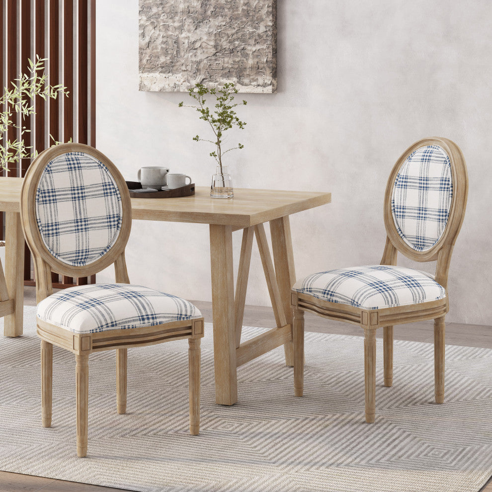 Lariya French Country Fabric Dining Chairs (Set of 2), Dark Blue Plaid + Natural, Two (2) Dining Chairs