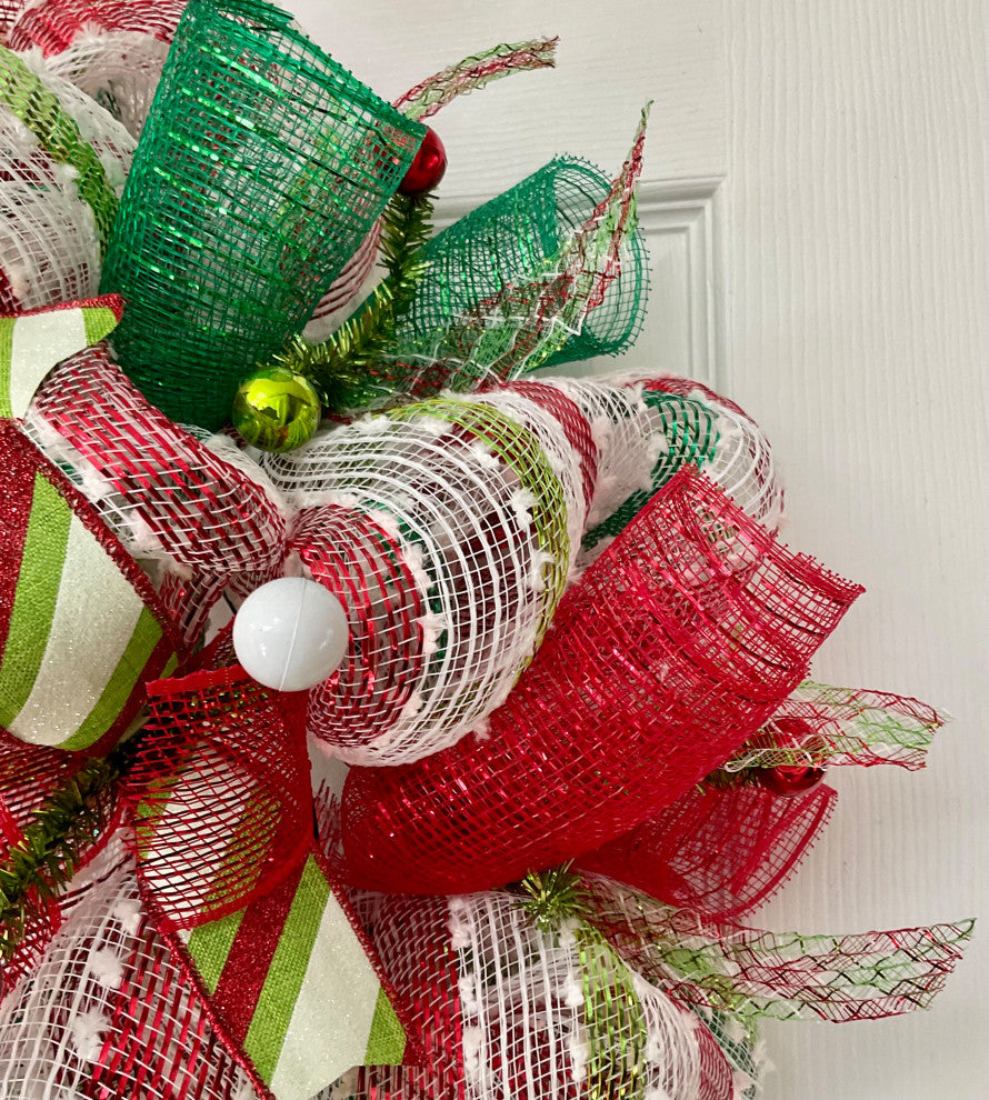 Merry Christmas Red and Green Striped Ribbon Wreath Handmade Deco Mesh 28"