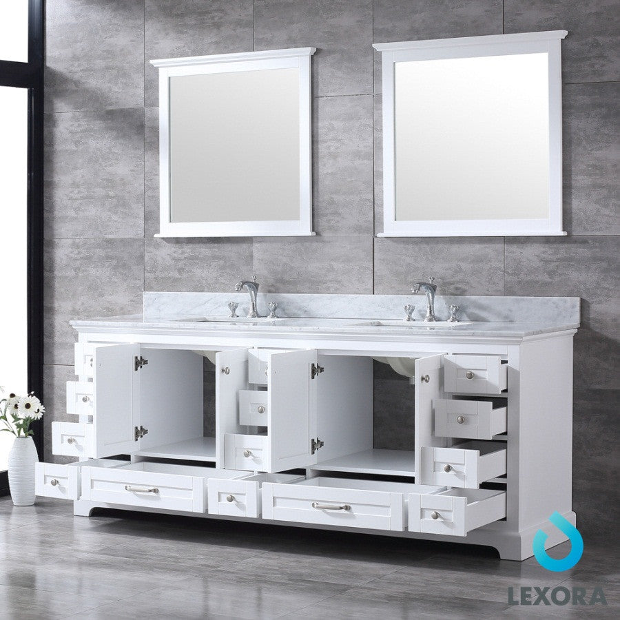 84" White Double Vanity, White Carrara Marble Top, White Sinks and 34" Mirrors