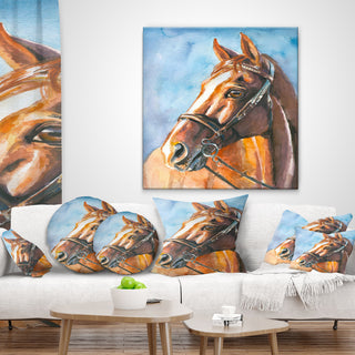 Brown Horse With Bridle Abstract Throw Pillow, 16"x16"