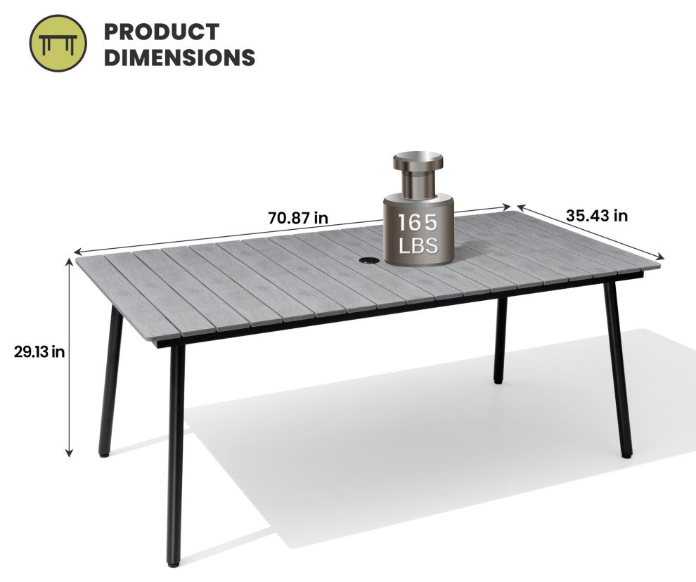 Patio Outdoor 70in Rectangular Wood Top Dining Table Furniture for 6-8 Person, With Umbrella Hole