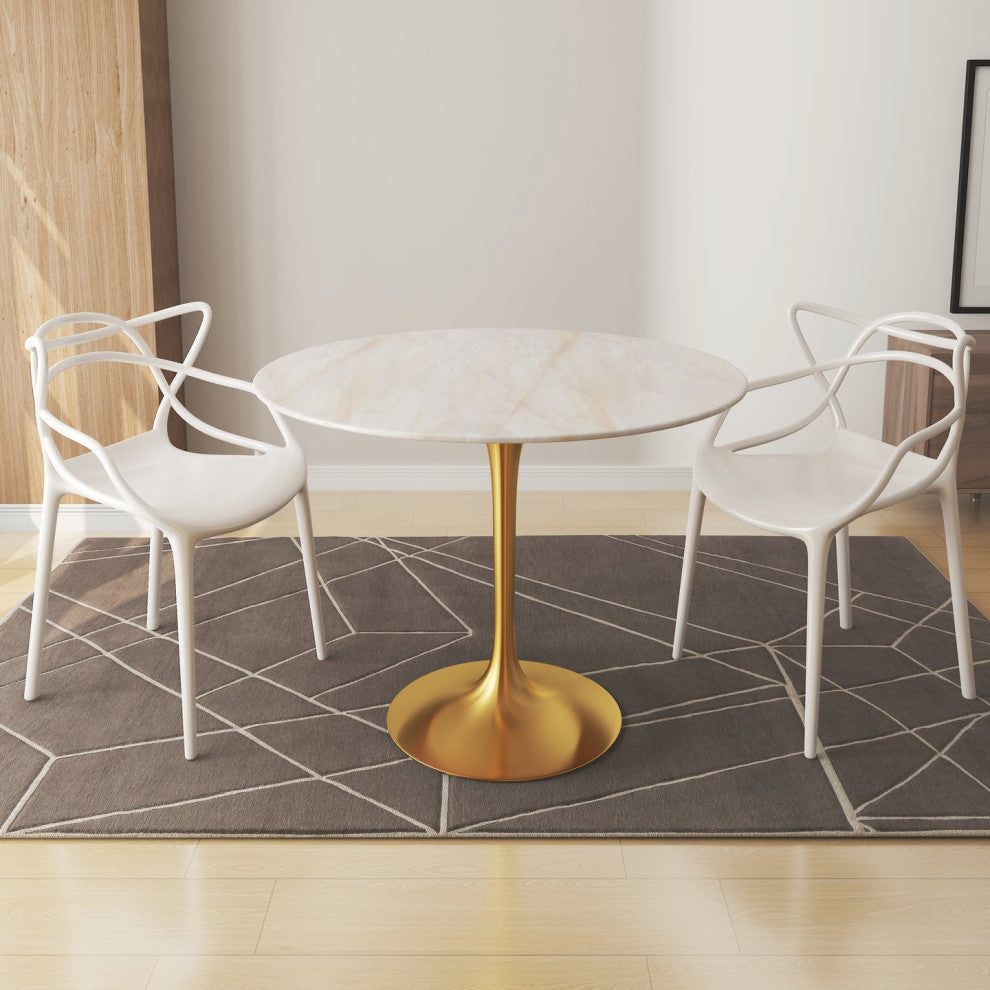 Rose 40" Round Onyx Marble Dining Table, Gold Base