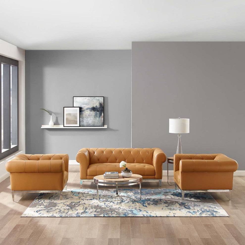 Tufted Armchair and Loveseat Sofa Set, Leather, Tan, Modern, Lounge Hospitality