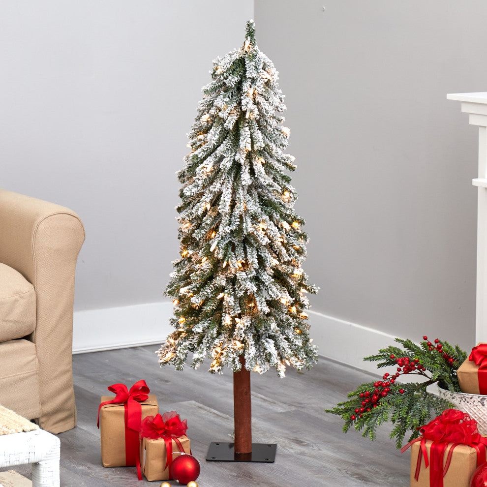 4' Flocked Grand Alpine Faux Xmas Tree W/Lights & Natural Trunk