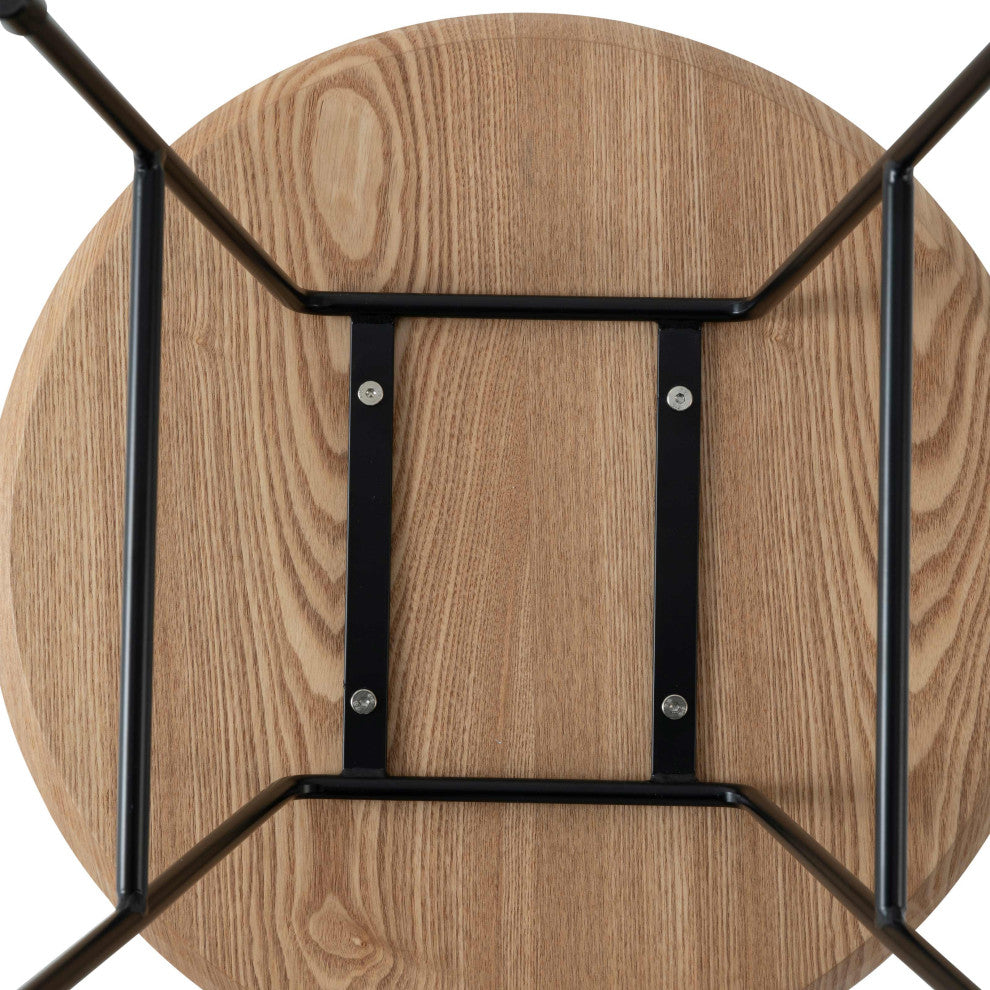 LeisureMod Rossmore Modern Round Side Table With Black Steel Frame, Natural Wood