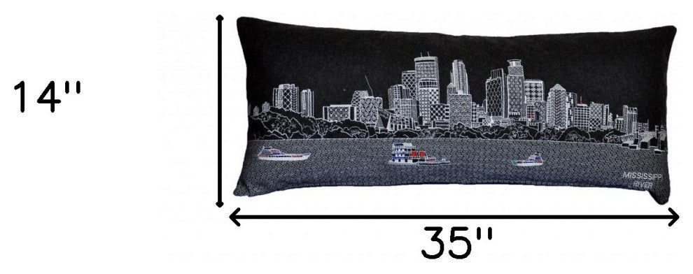 35" Black Minneapolis Nighttime Skyline Lumbar Decorative Pillow