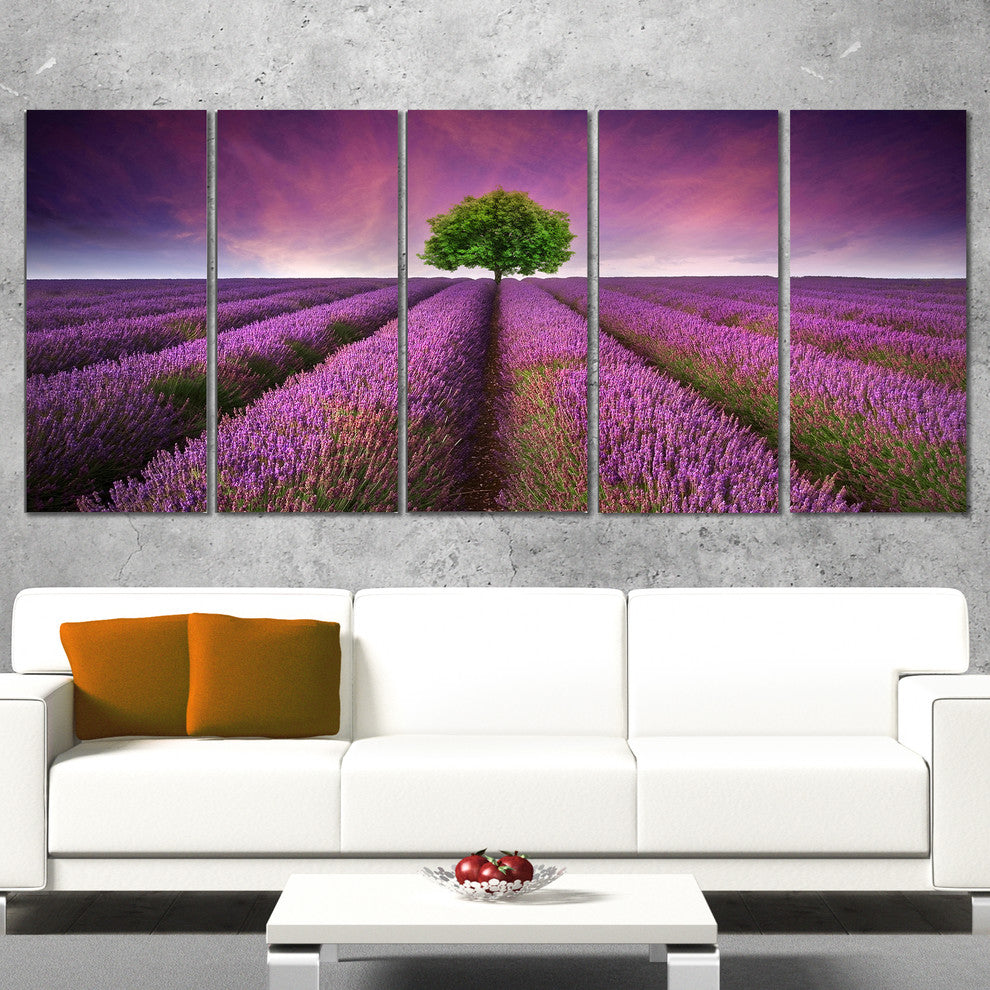 Lavender Field Sunset with Single Tree, Floral Canvas Print, 60"x28", 5 Panels