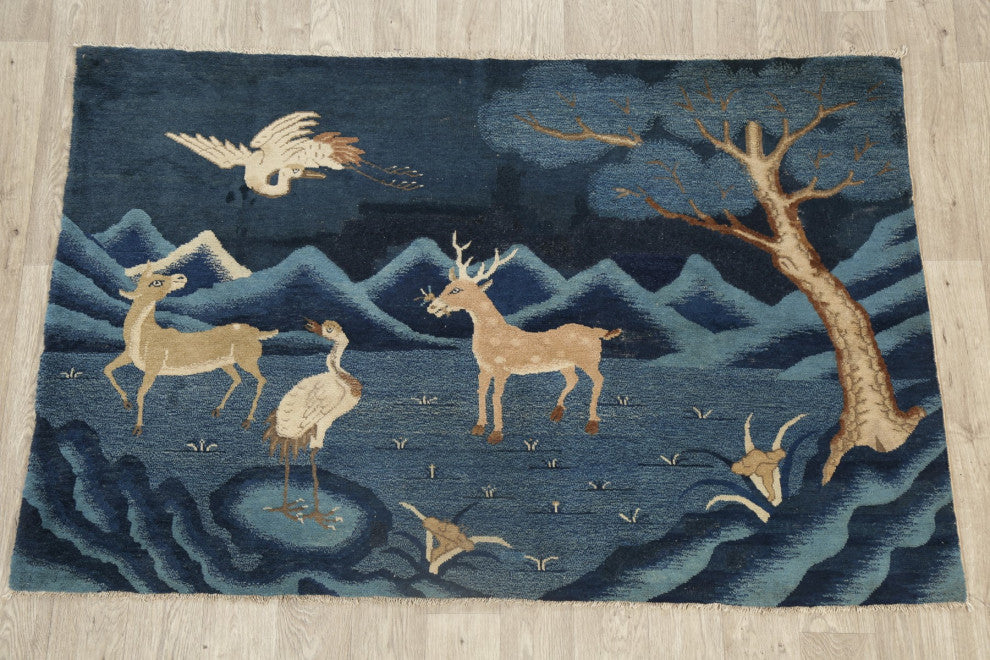 Consigned, Antique Hand-Knotted Novelty Chinese Area Rug, Blue, 3'11"x5'11