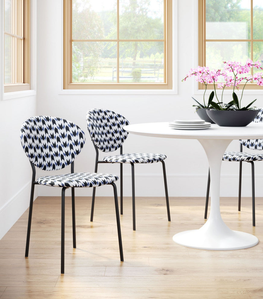 Dining Chair, Set of 2, Steel Metal, Fabric, Houndstooth, Black, Cafe Bistro
